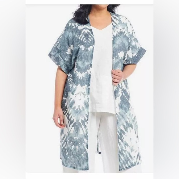 BRYN WALKER • Ezra wave blue tie dye lightweight kimono cardigan • 3x - Picture 2 of 8
